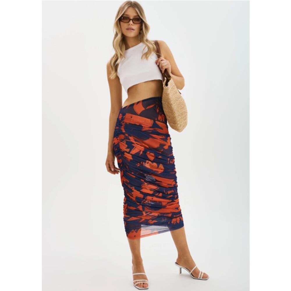 NWT Anthropologie LAMARQUE Pace Floral Ruched Sheer Mesh Bodycon Midi Skirt XXS